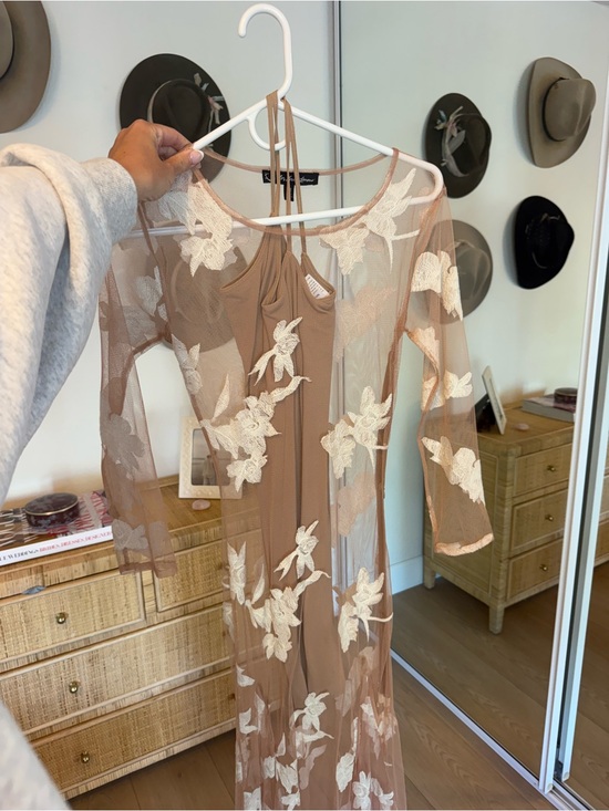 For Love And Lemons Dresses & Skirts - For Love & Lemons Sheer Nude Mesh Maxi Dress with White Floral Appliqué